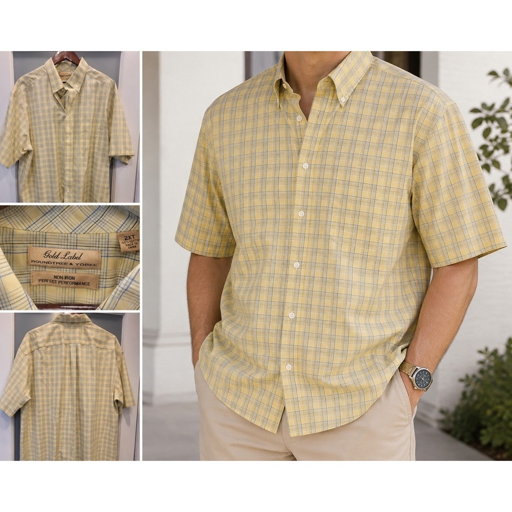 Roundtree & Yorke Gold Label Men's 2XT Yellow Plaid Button Front Short Sleeve...